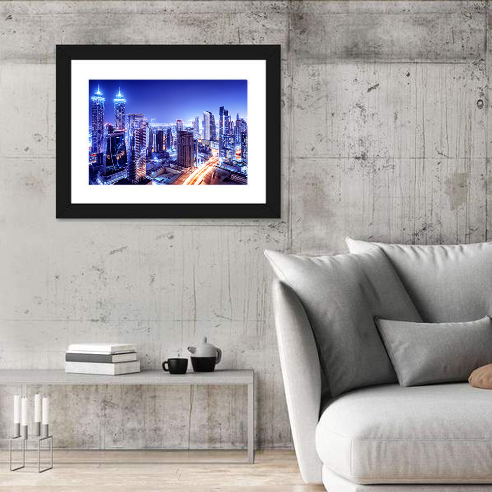 Downtown Dubai Night Skyline Wall Art in a room, landscape