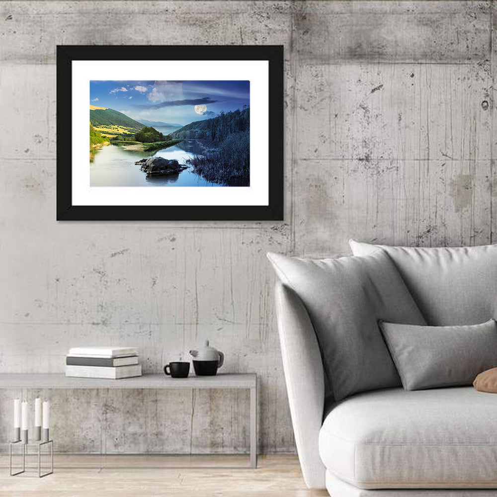 Moonlit Mountain River Wall Art in a room, landscape