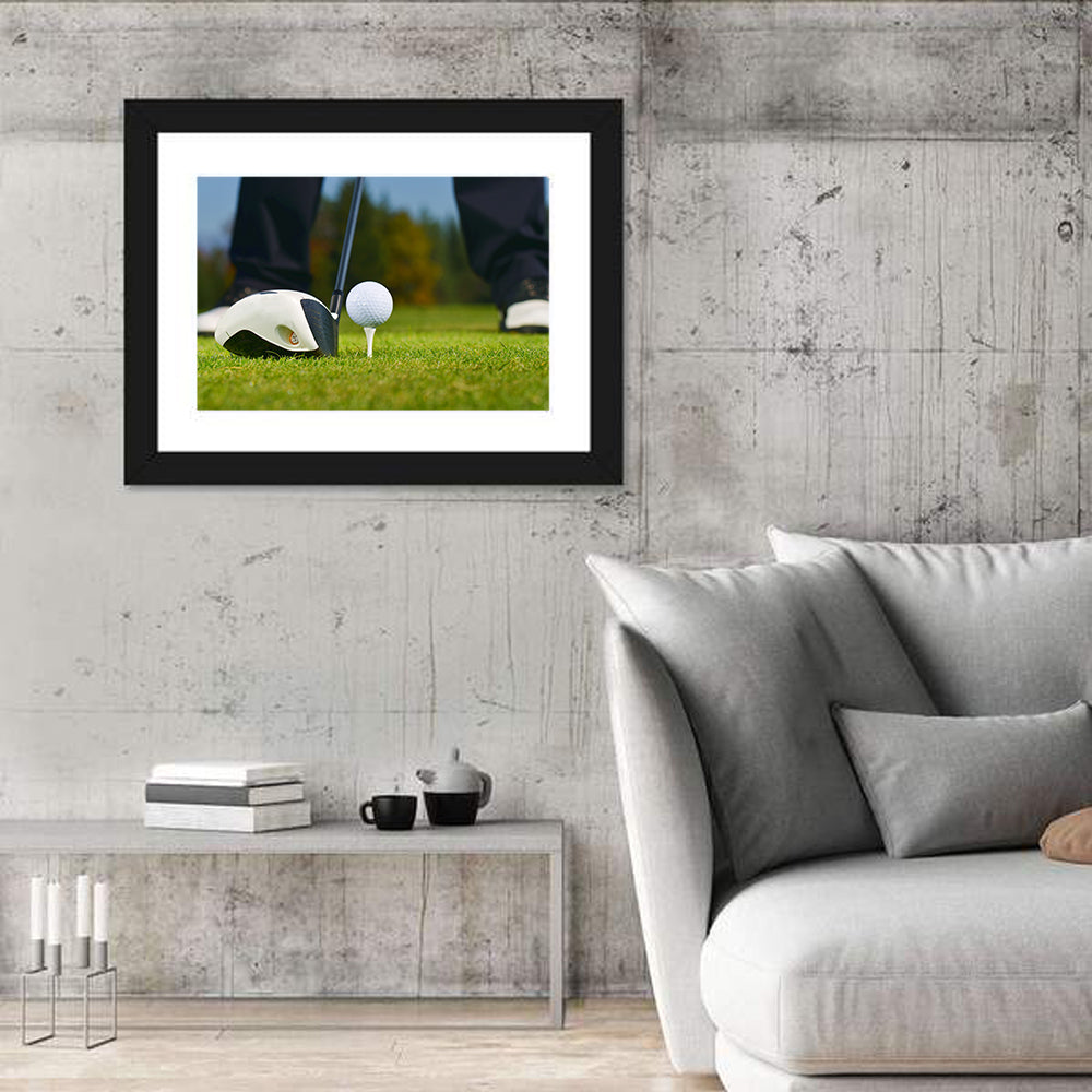 Golf Ball and Club Close Up Wall Art in a room, landscape