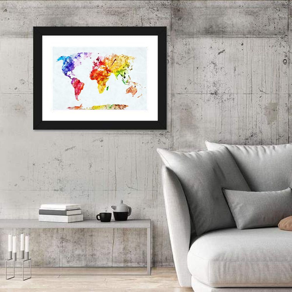 Abstract Watercolor World Map Wall Art in a room, landscape