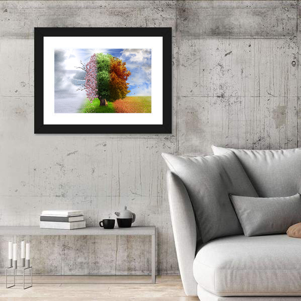 Tree Through Four Seasons Wall Art in a room, landscape