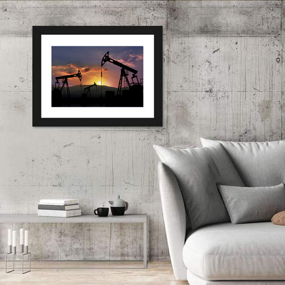 Sunset Oil Field with Pump Jacks Wall Art in a room, landscape