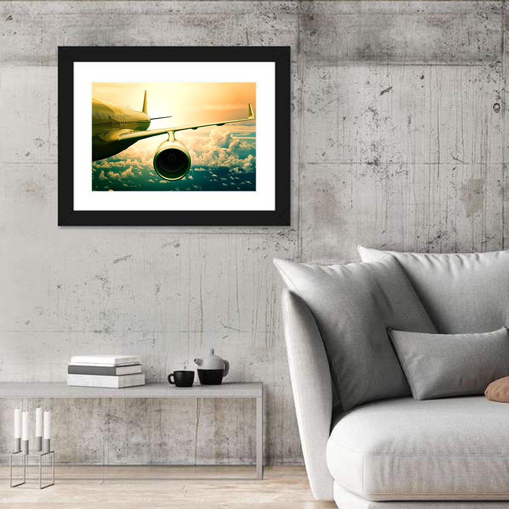 Passenger Jet Wing at Sunset Wall Art in a room, landscape