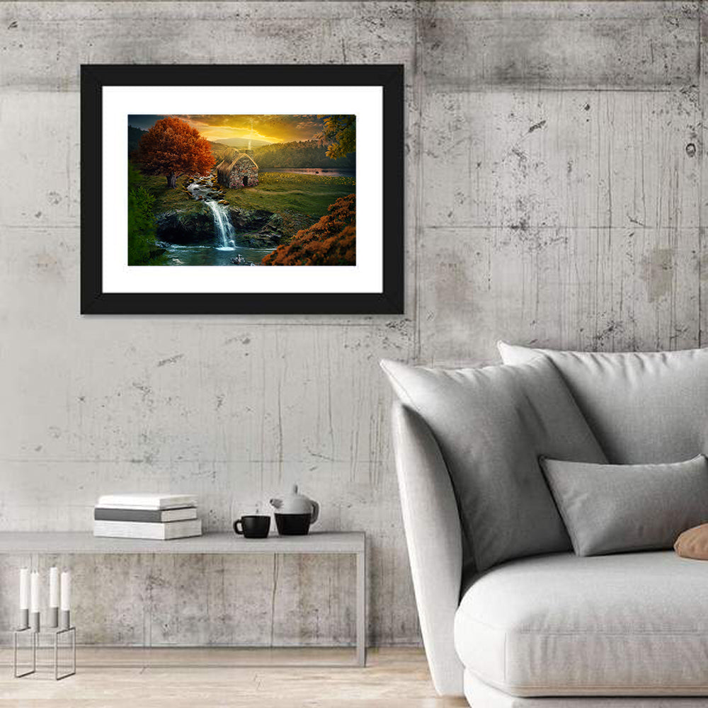 Thatched Cottage by Mountain Stream Wall Art in a room, landscape
