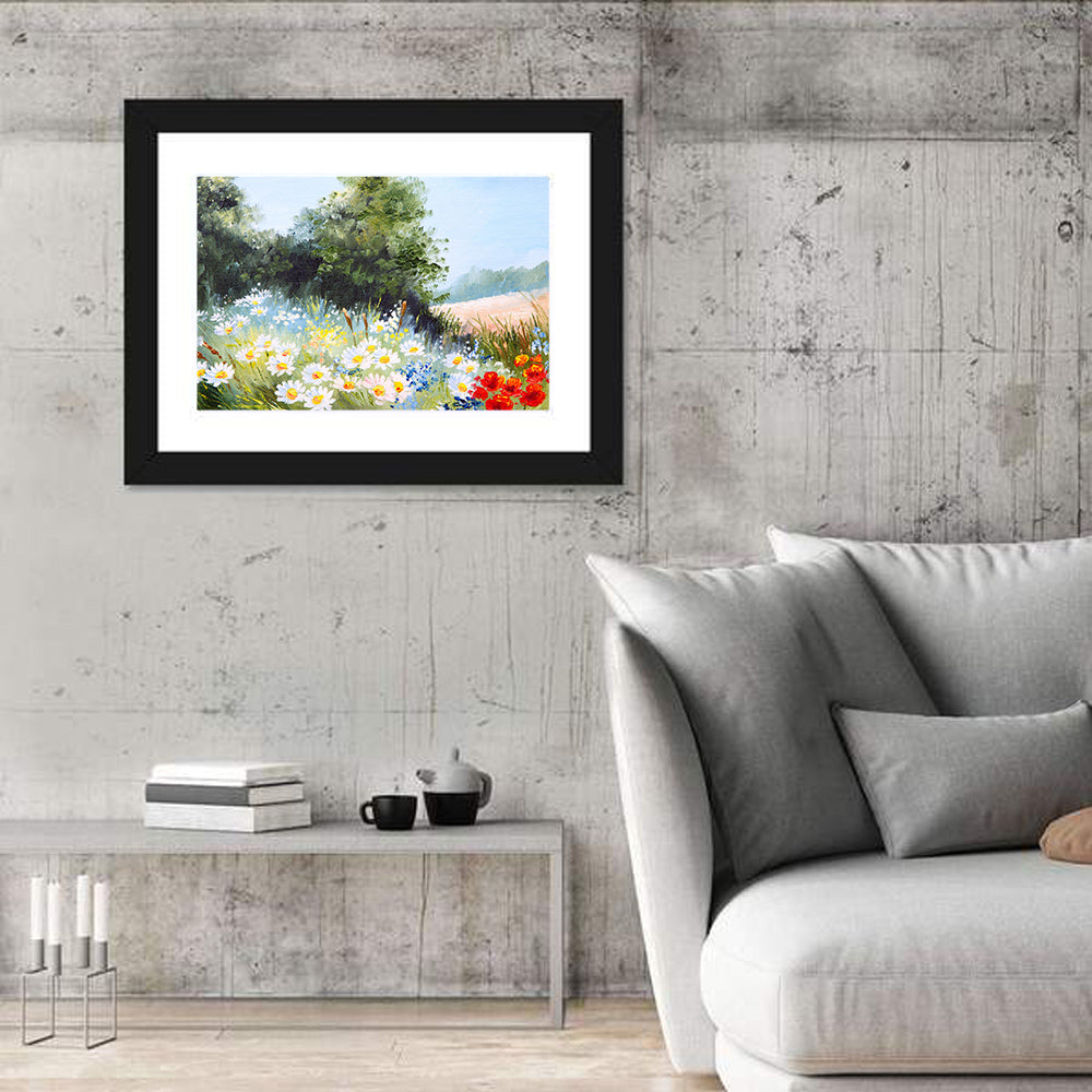 Daisy Meadow with Red Poppies Wall Art in a room, landscape