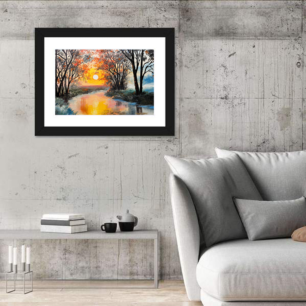 Golden Hour River Watercolor Wall Art in a room, landscape