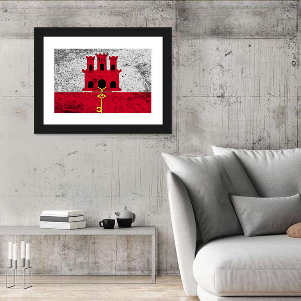 Gibraltar Flag with Castle and Key Wall Art in a room, landscape