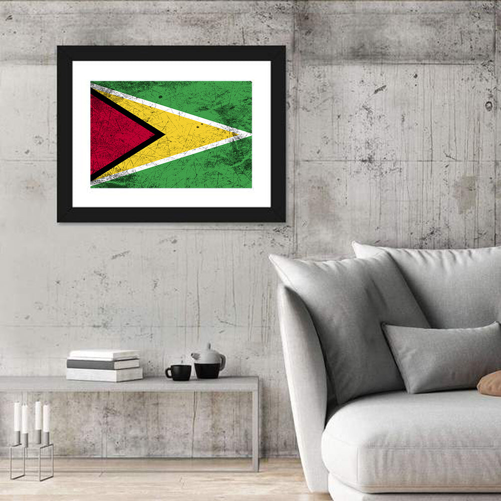 Guyana Flag Distressed Design Wall Art in a room, landscape