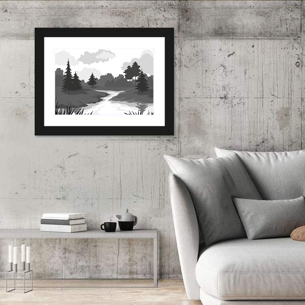 Winding River Silhouette Wall Art in a room, landscape