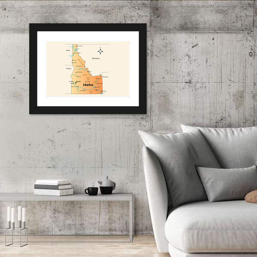 Idaho Cartographic Map Wall Art in a room, landscape