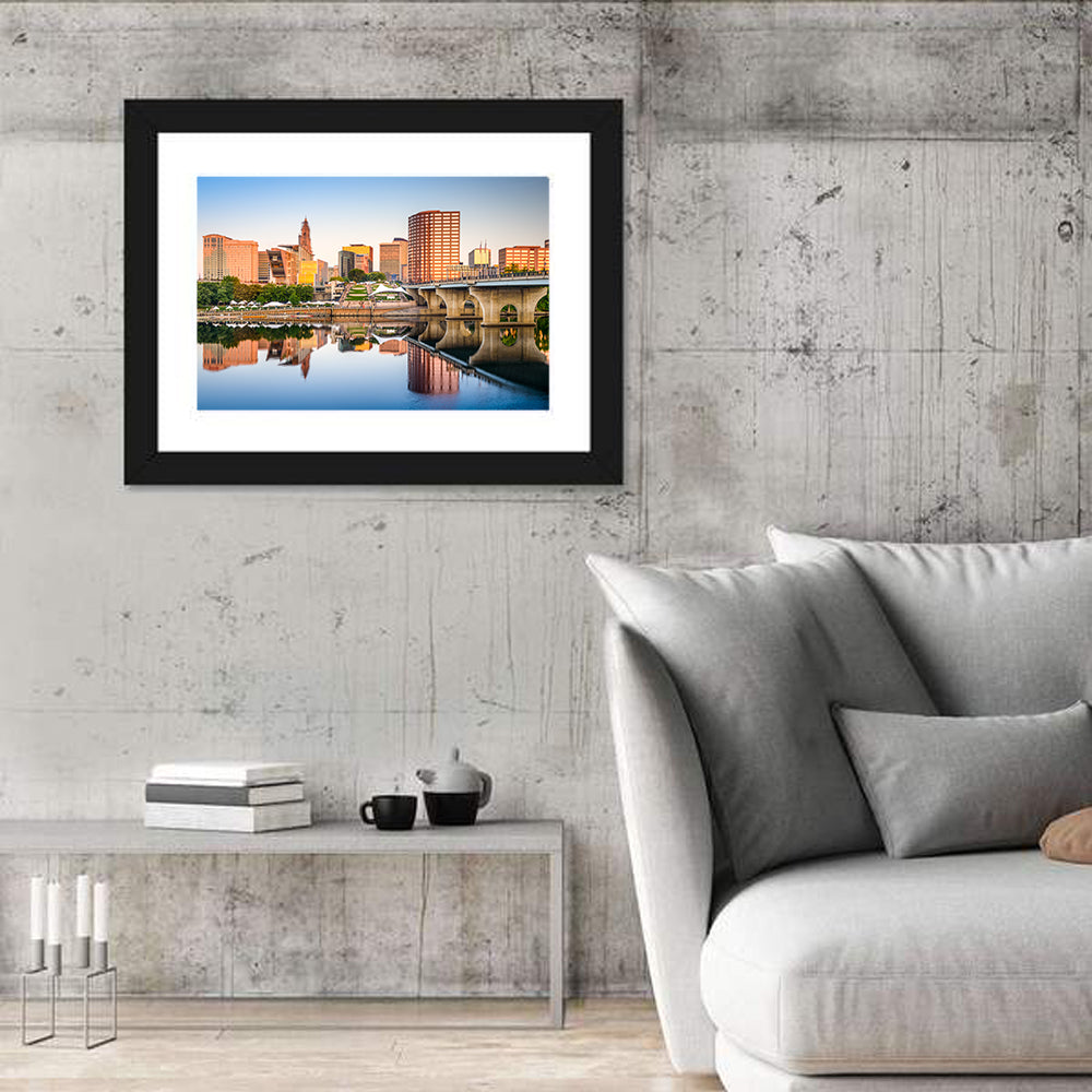 Hartford Skyline with River Reflection Wall Art in a room, landscape