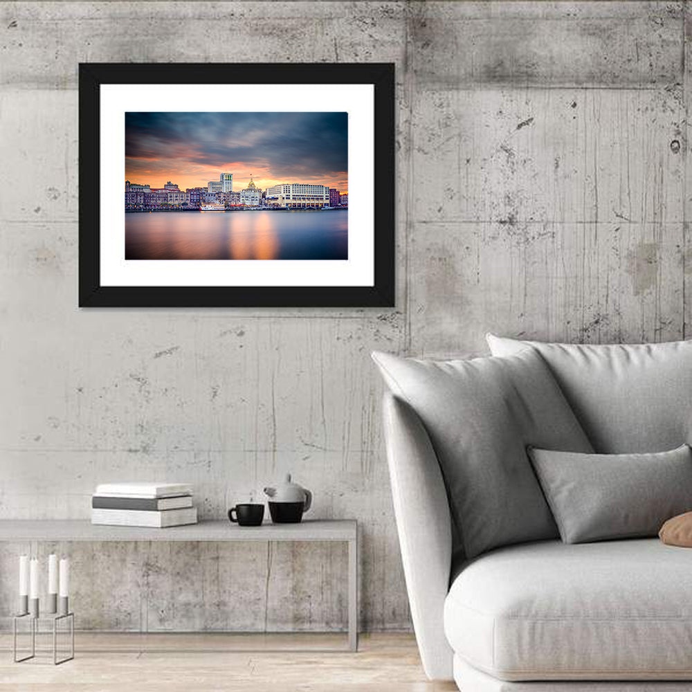 Savannah Riverfront Sunset Skyline Wall Art in a room, landscape
