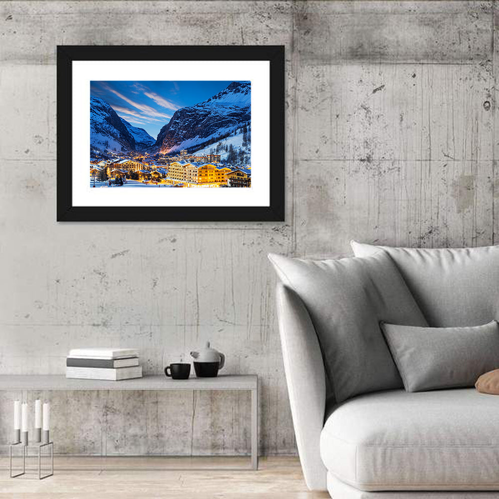 Twilight Ski Village in the French Alps Wall Art in a room, landscape