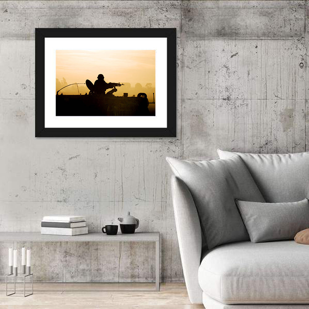 Army Soldier Silhouette at Sunset Wall Art in a room, landscape