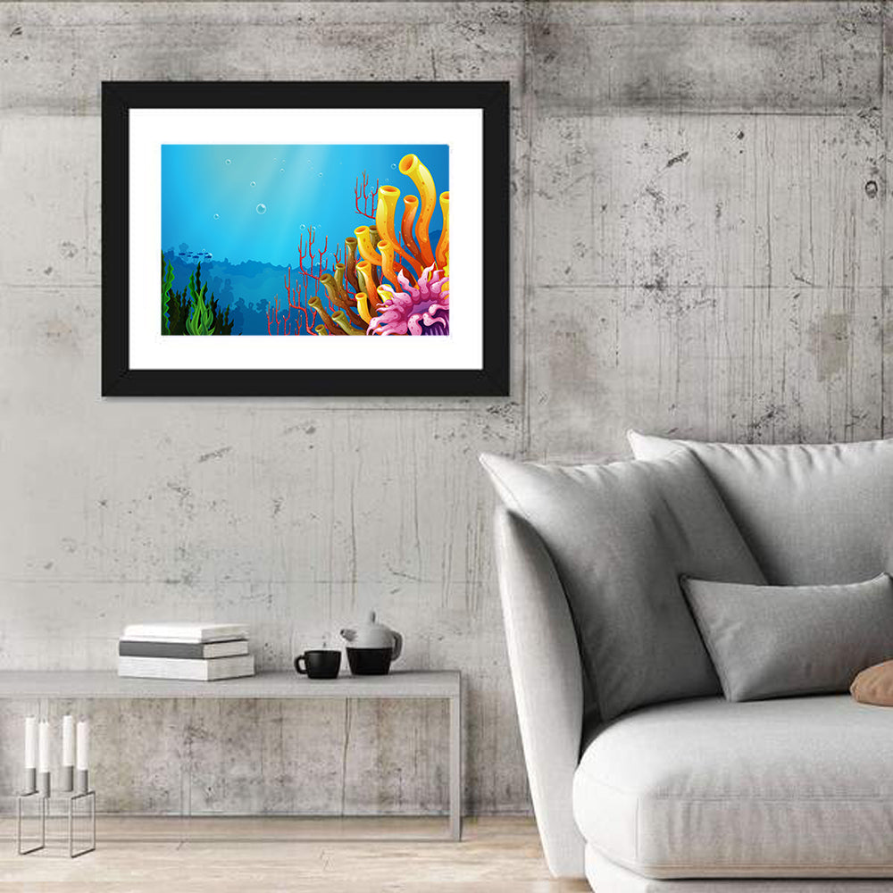 Undersea Coral Reef Illustration Wall Art in a room, landscape