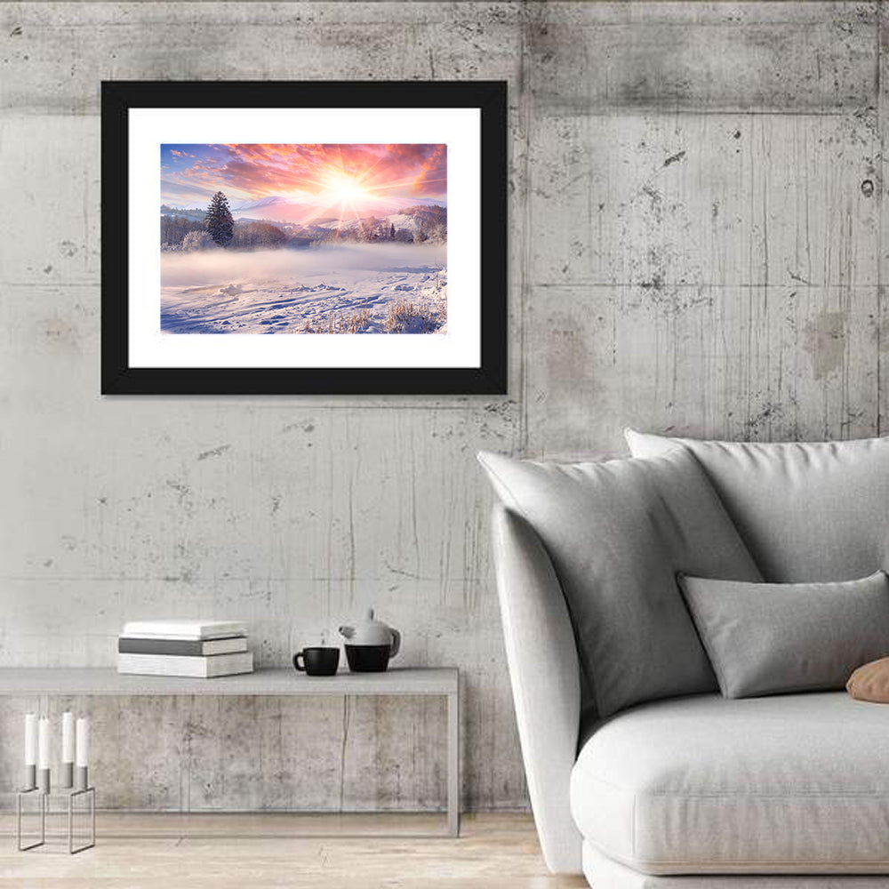 Sunrise Over Snowy Mountain Village Wall Art