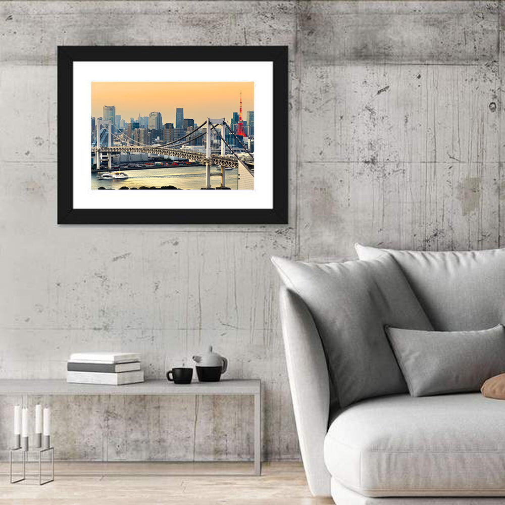 Rainbow Bridge and Tokyo Tower Skyline Wall Art in a room, landscape