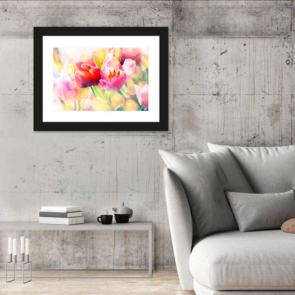 Vibrant Spring Tulips Close Up Wall Art in a room, landscape