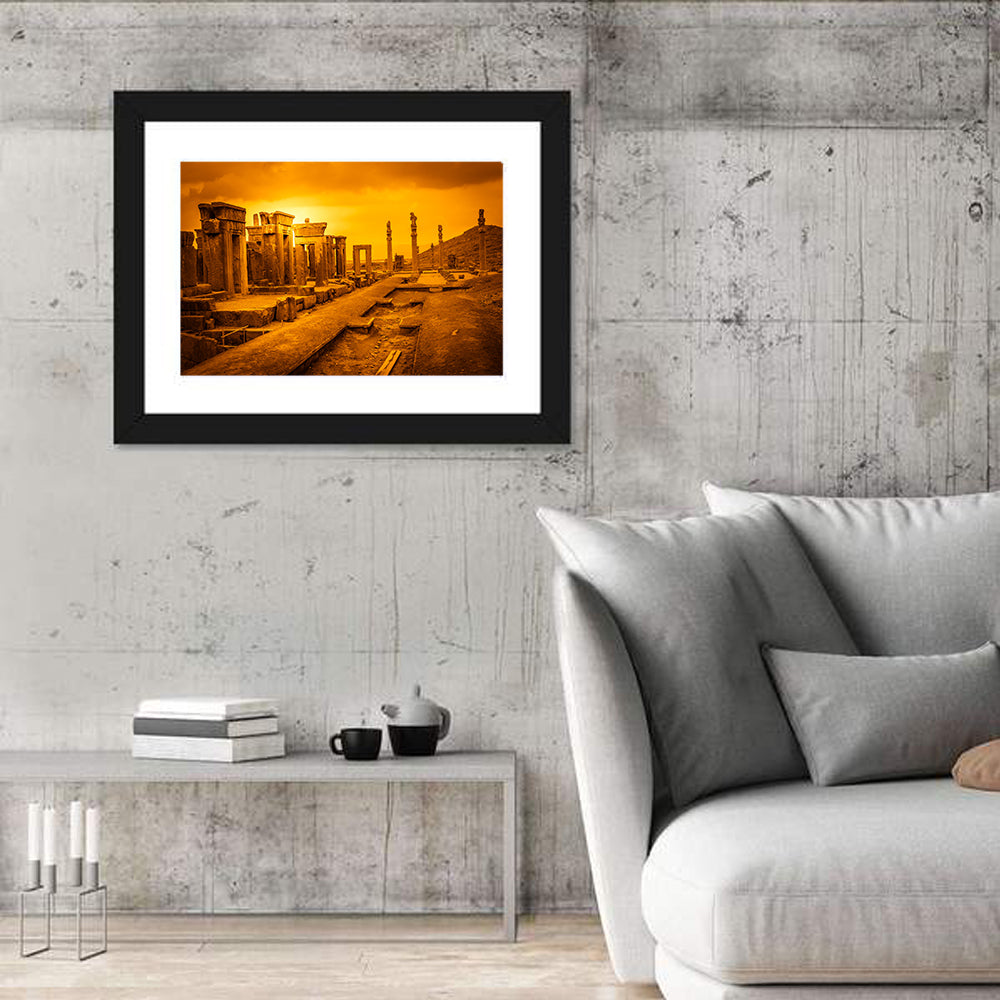 Persepolis Ruins at Golden Dusk Wall Art in a room, landscape