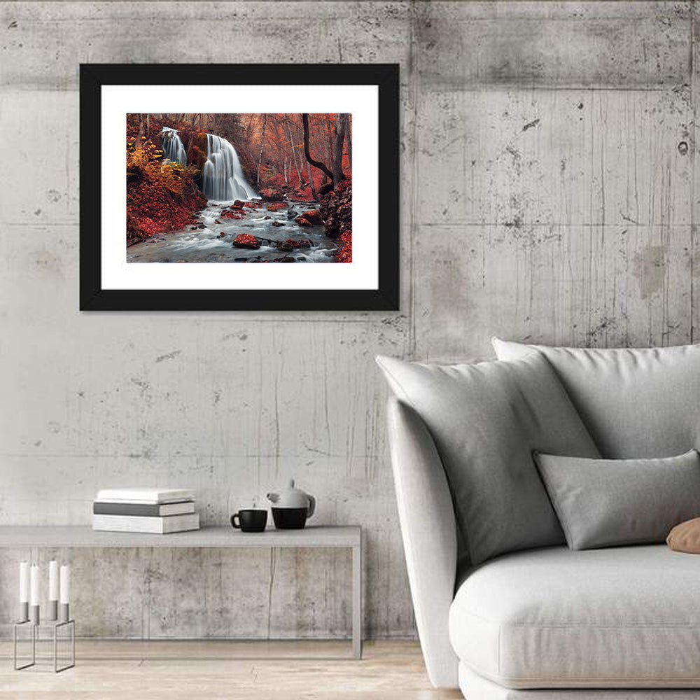 Dual Tier Autumn Forest Waterfall, Crimea Wall Art in a room, landscape