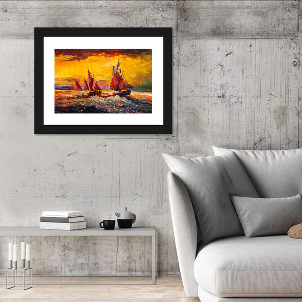 Three Sailboats at Sunset Wall Art in a room, landscape