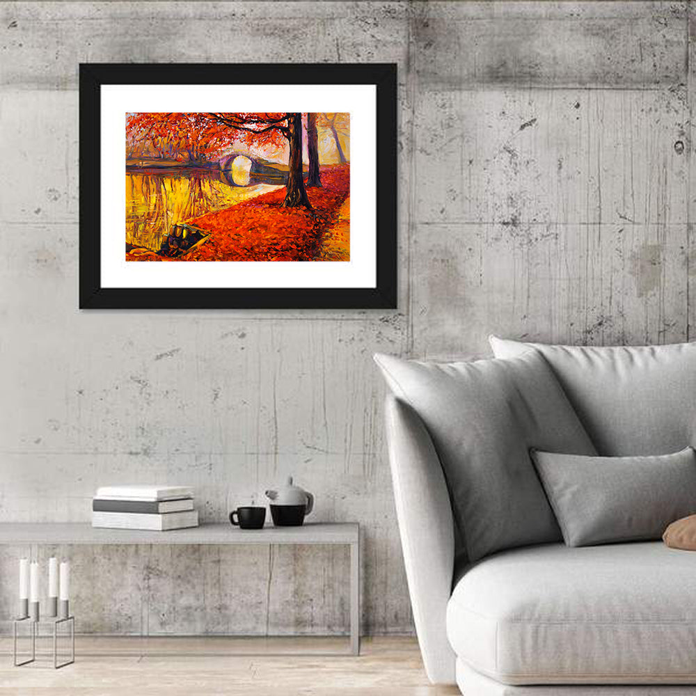 Autumn Bridge Over Golden Lake Wall Art