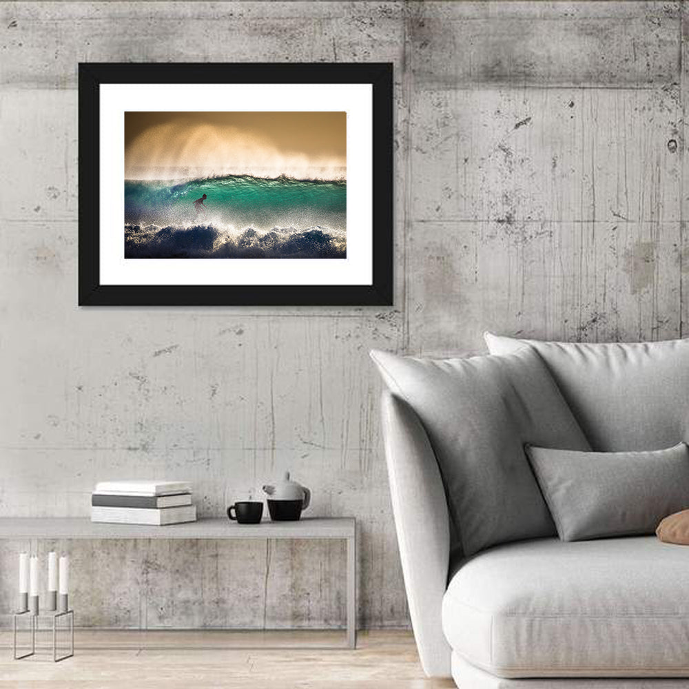 Bali Surfer in Barrel Wave Wall Art in a room, landscape