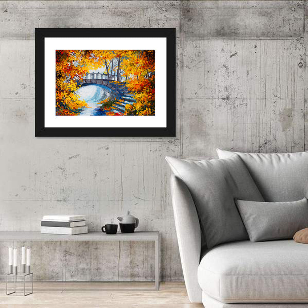 Autumn Forest Stone Bridge Wall Art in a room, landscape