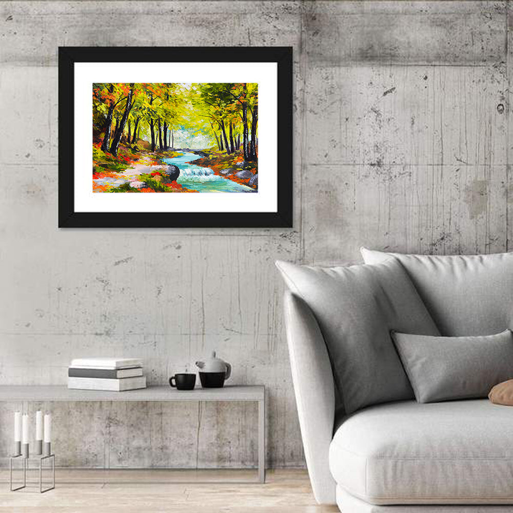 Autumn Forest Stream Wall Art in a room, landscape
