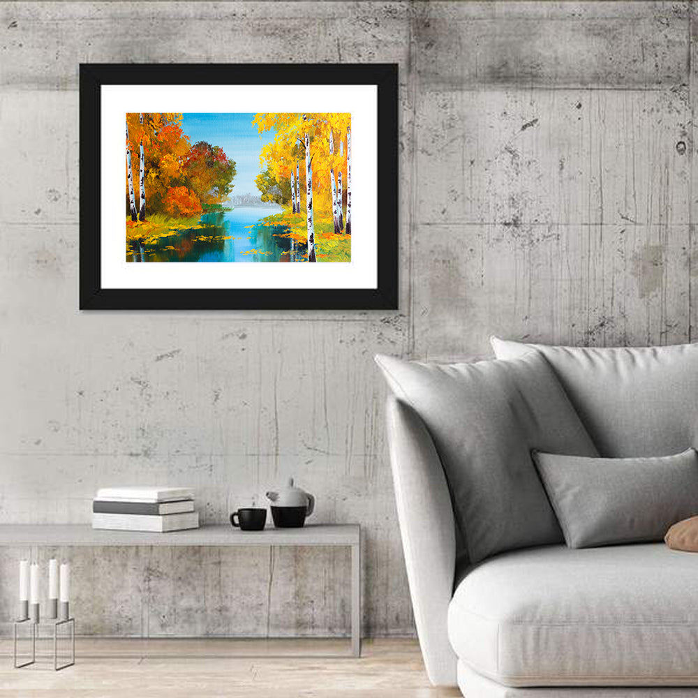 Autumn Birch River Reflection Wall Art in a room, landscape