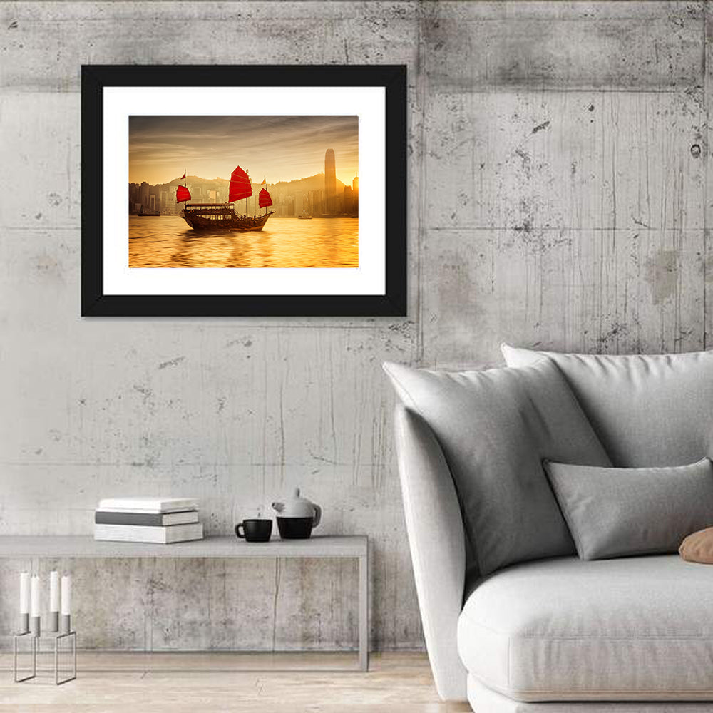 Victoria Harbour Sunset Skyline Wall Art in a room, landscape