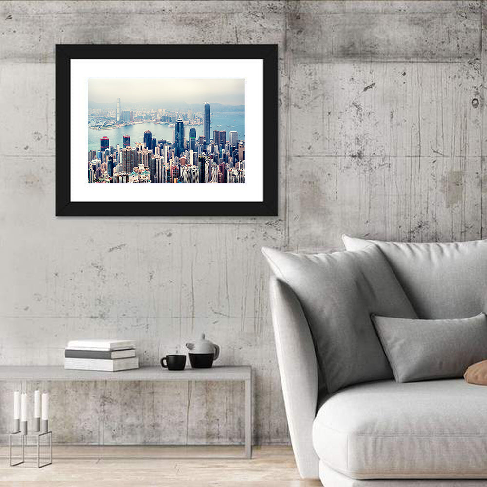 Victoria Harbour Hong Kong Skyline Wall Art in a room, landscape