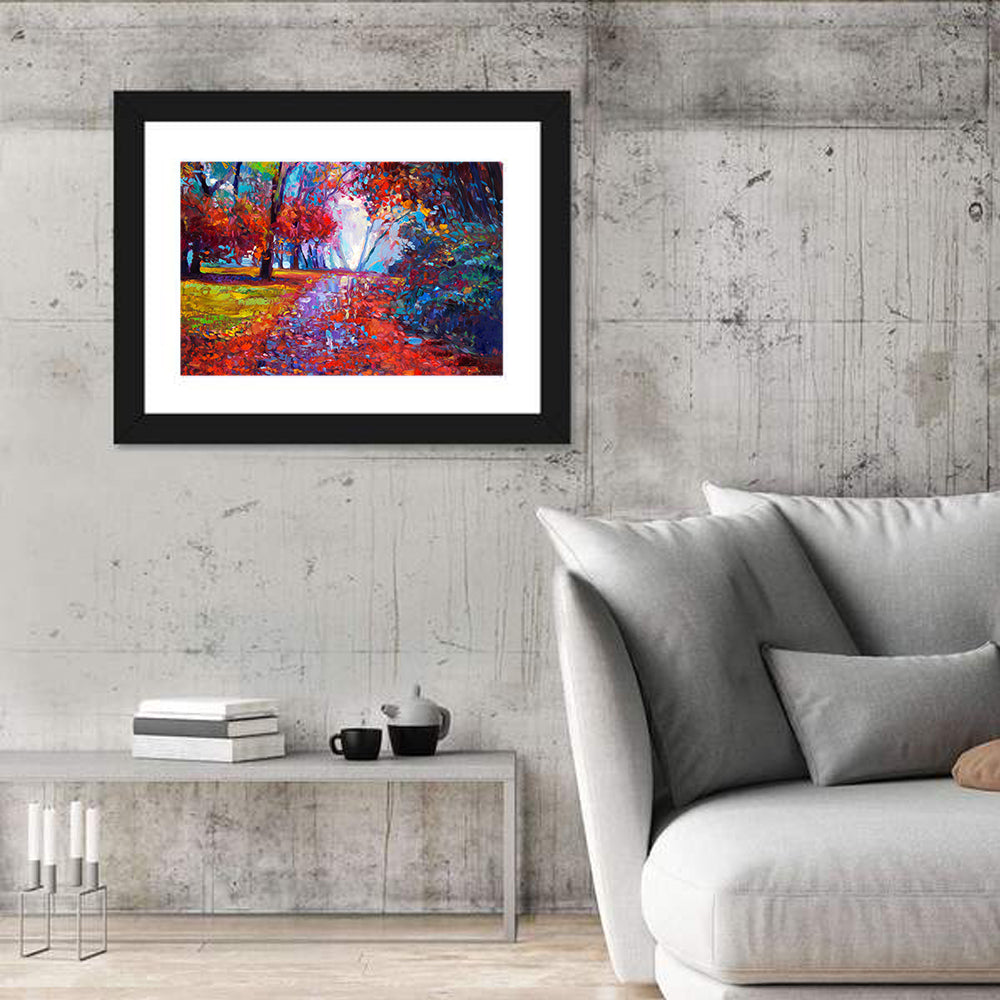 Autumn Forest Path Wall Art in a room, landscape