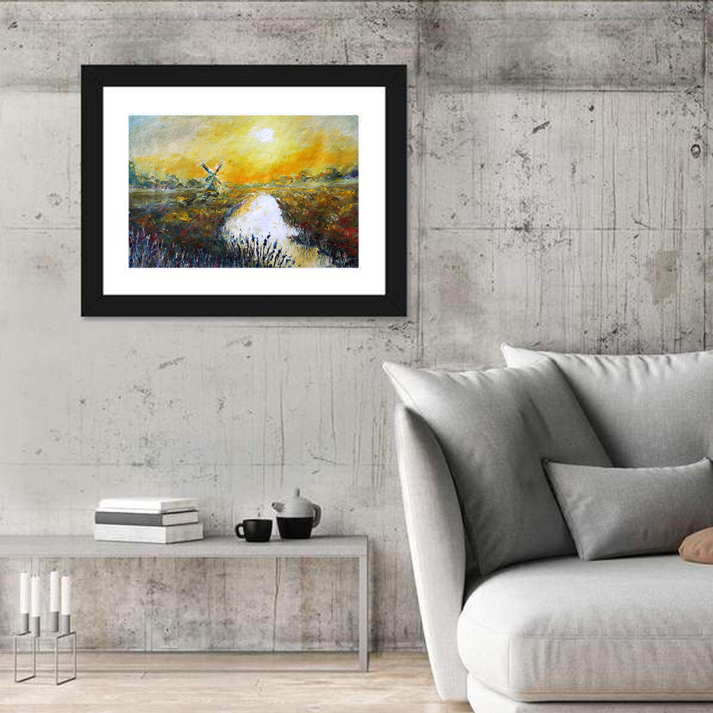Windmill at Sunrise Over River Wall Art in a room, landscape