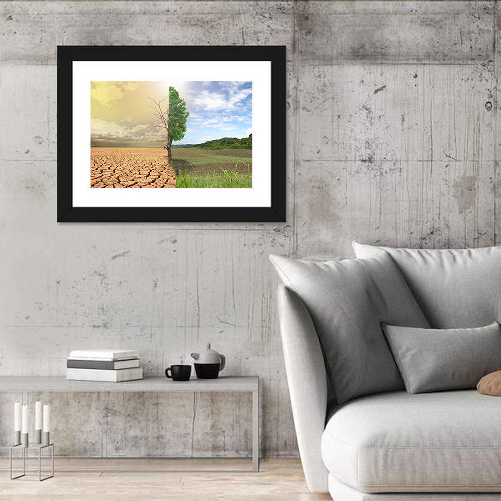 Split Landscape with Half-alive Tree Wall Art in a room, landscape