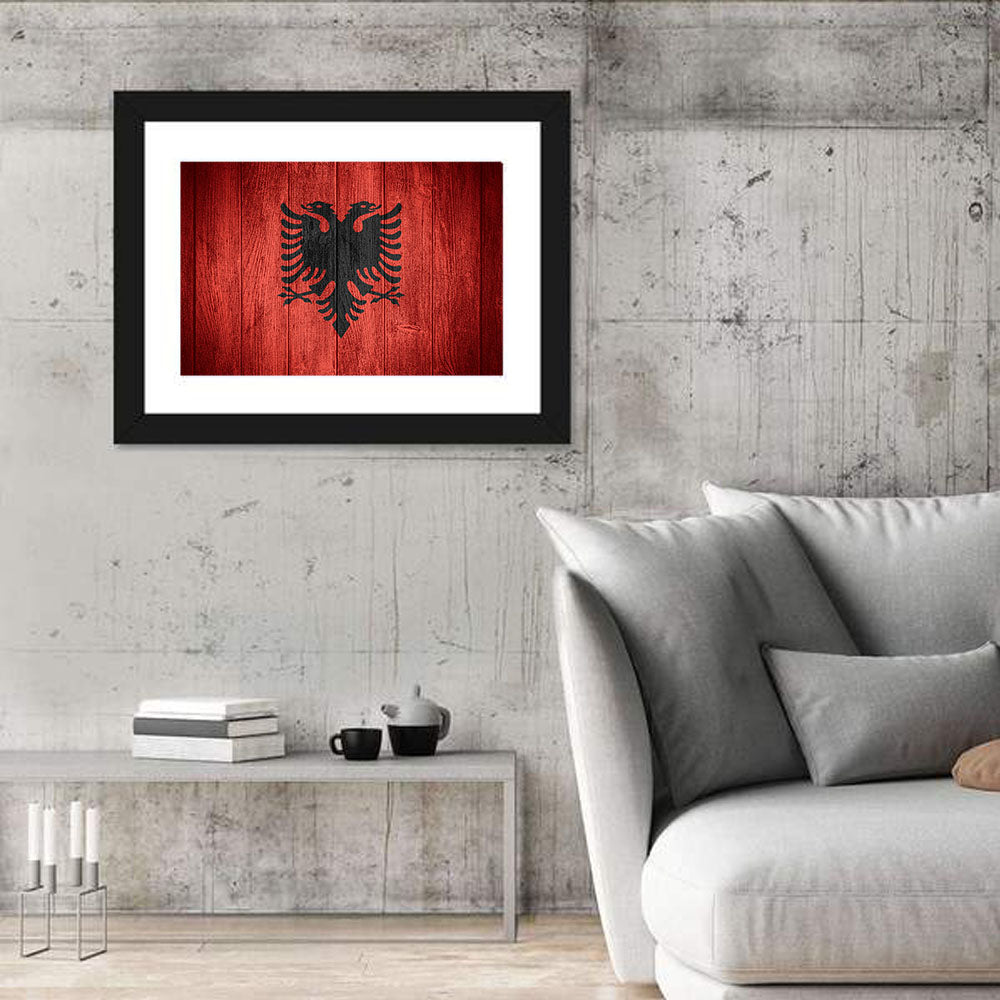 Albanian Flag Emblem Wall Art in a room, landscape