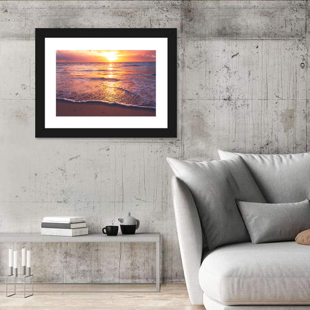 Golden Horizon Beach Sunset Wall Art in a room, landscape