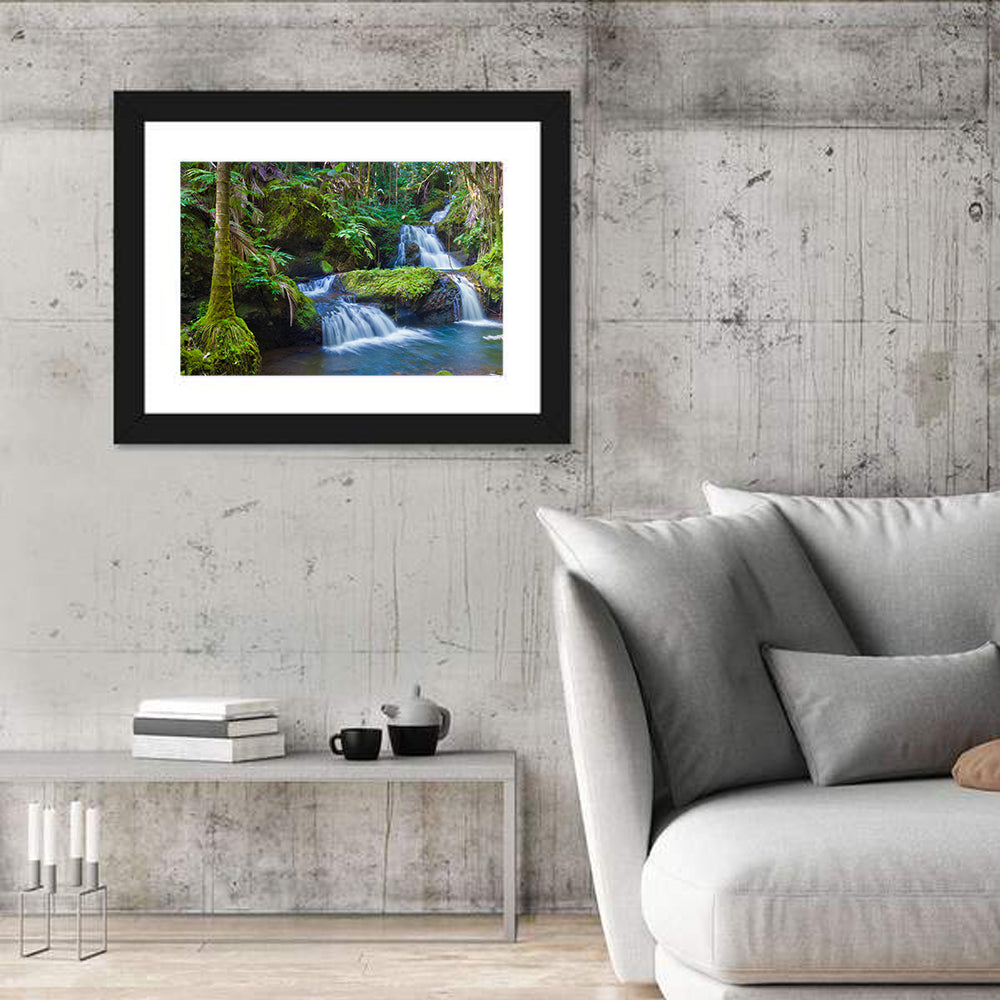 Hawaiian Rainforest Waterfalls Wall Art in a room, landscape
