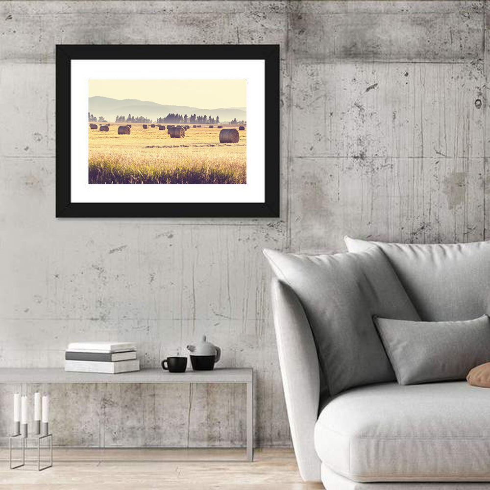 Golden Hay Bales Field Wall Art in a room, landscape