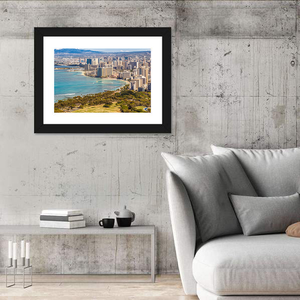 Waikiki Beach and Honolulu Skyline Wall Art in a room, landscape