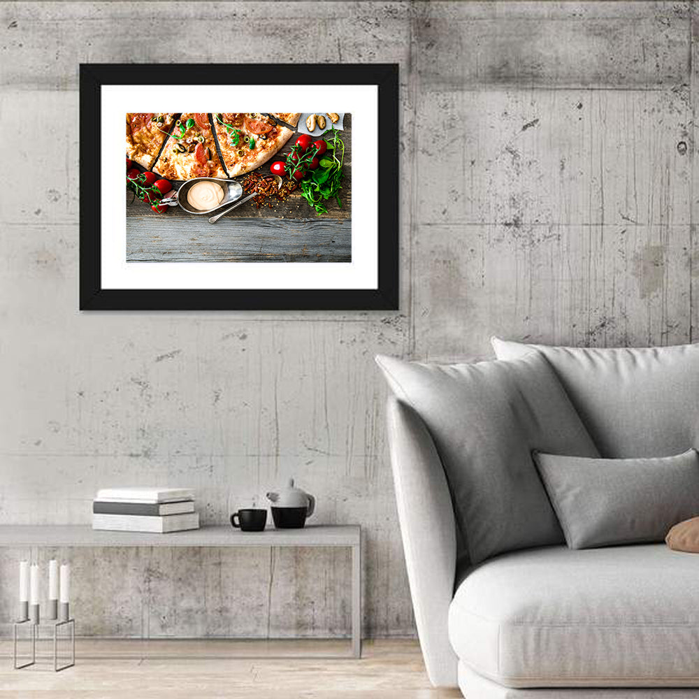 Seafood Pizza with Mussels and Tomatoes Wall Art in a room, landscape