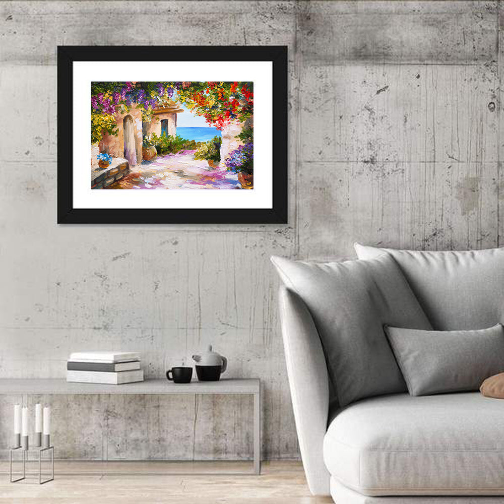 Mediterranean Summer Terrace Wall Art in a room, landscape