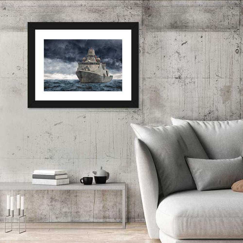 Frigate in Stormy Sea Wall Art in a room, landscape