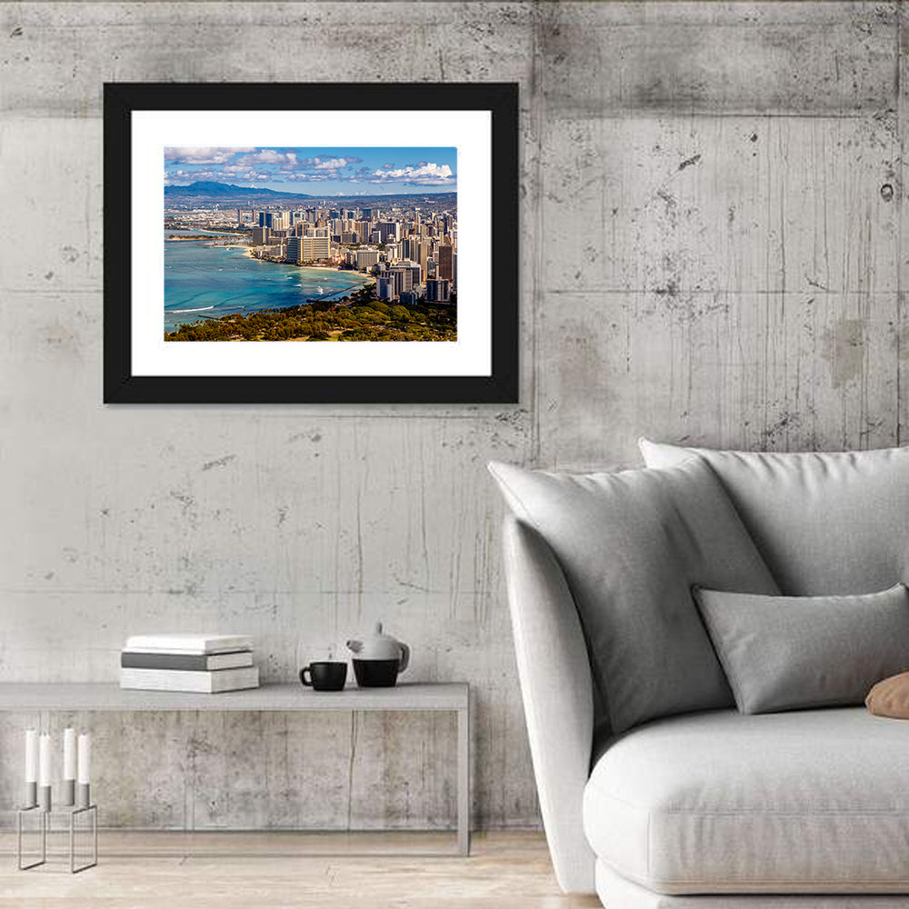 Honolulu Skyline Over Waikiki Beach Wall Art in a room, landscape