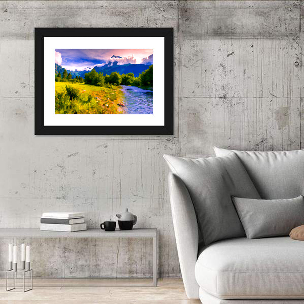 Mountain River Through Meadow Wall Art in a room, landscape