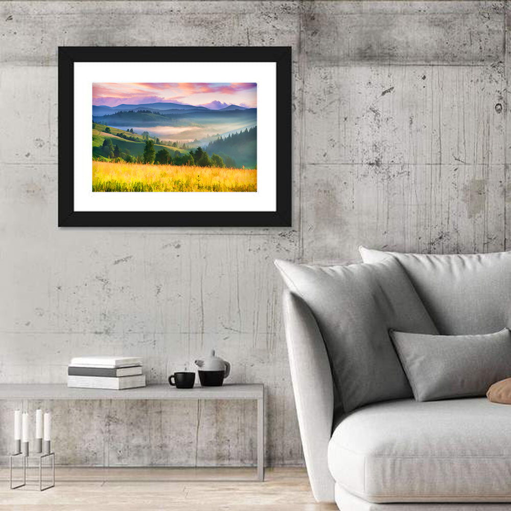 Sunrise Mist Over Mountain Meadow Wall Art in a room, landscape