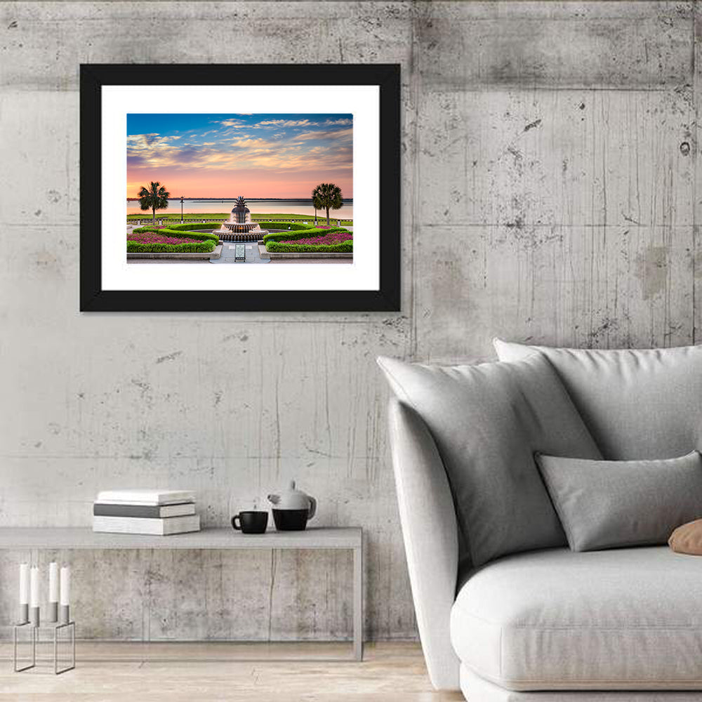 Charleston Pineapple Fountain at Sunset Wall Art in a room, landscape