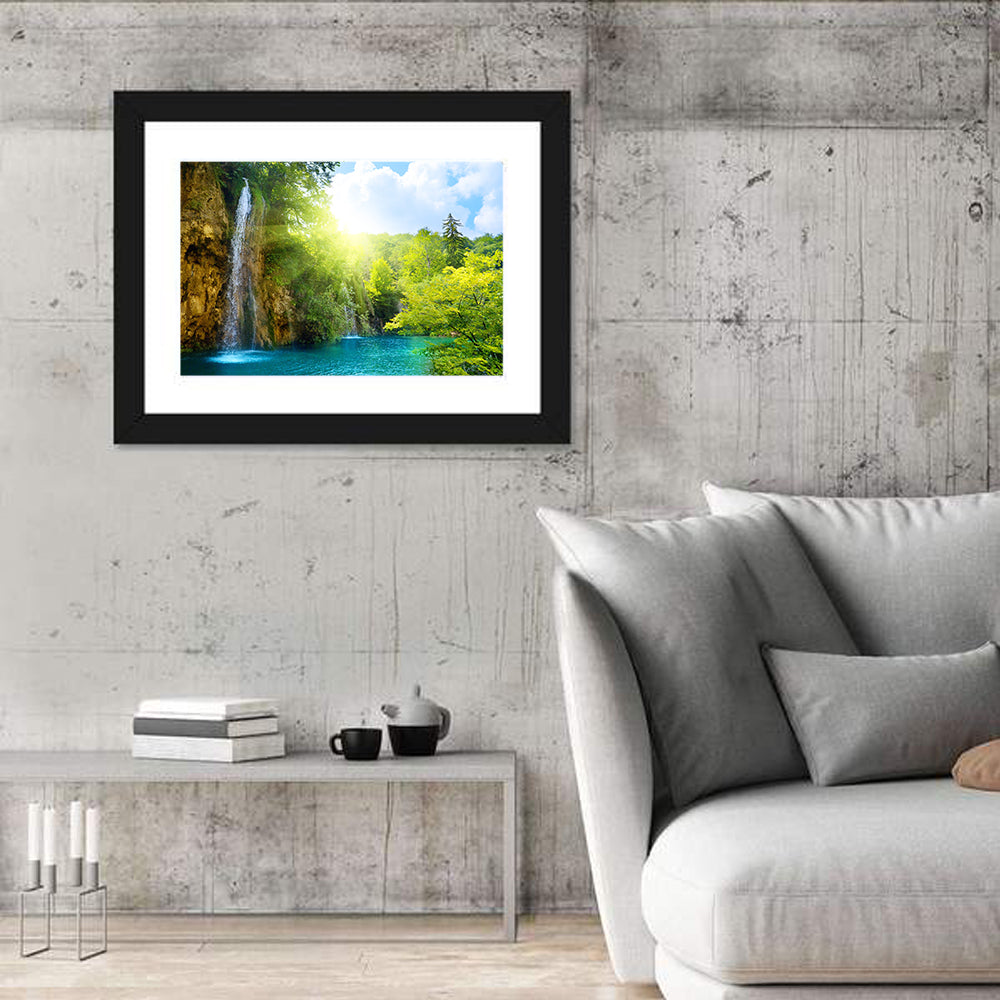 Forest Waterfall at Sunlit Lake Wall Art in a room, landscape