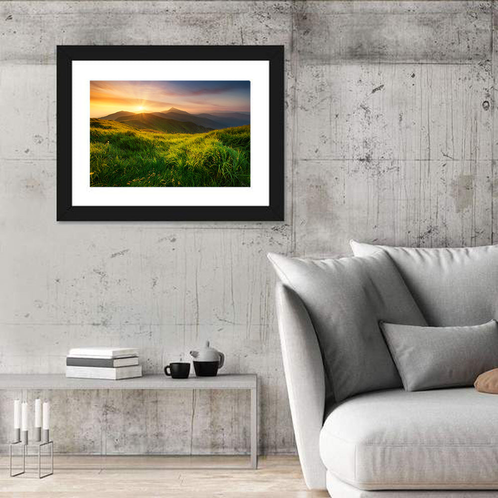 Mountain Valley at Sunrise Wall Art in a room, landscape