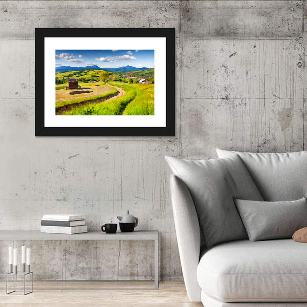 Summer Mountain Village Wall Art in a room, landscape